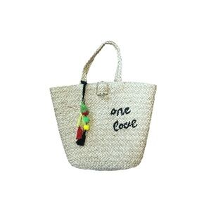 Hat Attack ‘one love’ Bob Marley Natural Straw Tote with‎ Black Embroidery